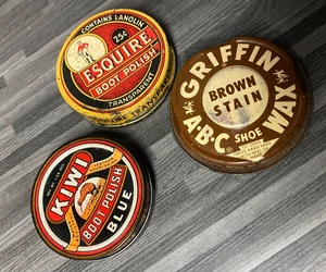 Vintage Shoe Polish Tin Lot – Griffin, Esquire, Kiwi Boot Polish Advertising Can - Picture 1 of 16