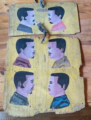 2- Vintage Folk Art African Barbershop/Hair Salon Hand Painted Signs,Oil/Plywood - image 1 of 4