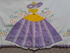 Pair of Gorgeous Lilac Applique Crinoline Lady Pillowcases 20x32 Inches - Picture 1 of 7