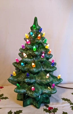 Vintage 13" Tabletop Ceramic Green Christmas Tree with Snow All Lights Work - Image 1 of 4