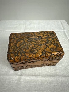 Vintage Hand Carved Wood Box with Hinged Lid Flowers Bird - Picture 1 of 11