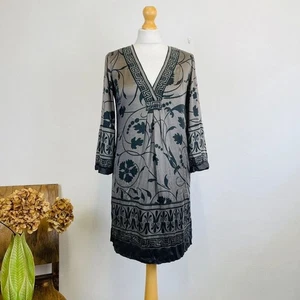 Hale Bob Designer Grey Pure Silk Grecian Print Tunic Mini Dress 8 - Picture 1 of 7