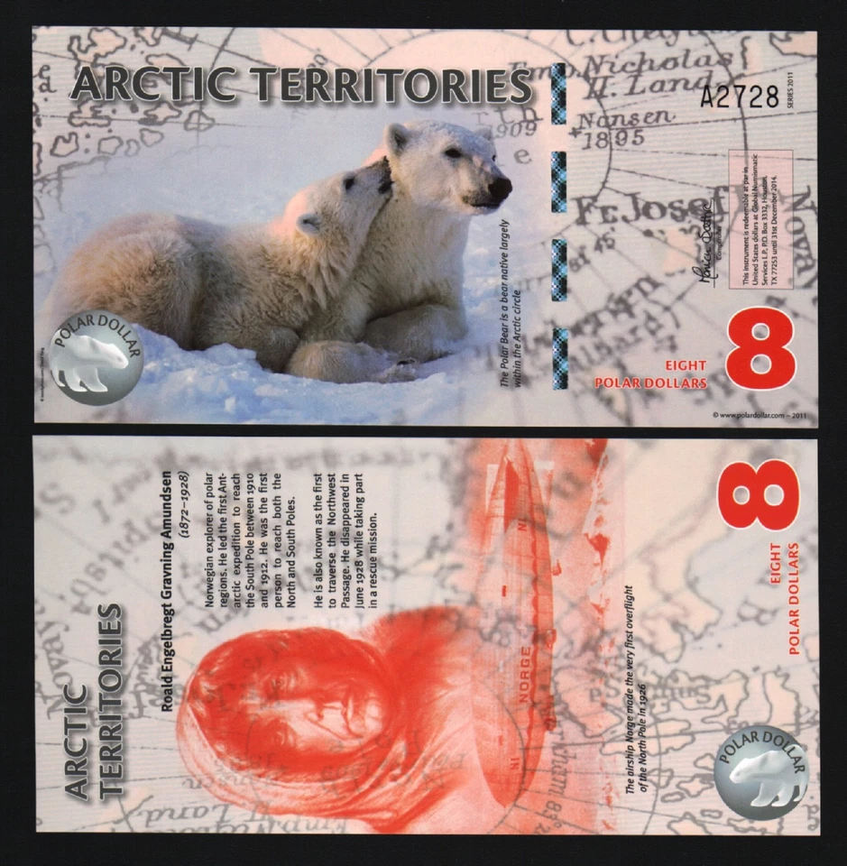 ARCTIC TERRITORY 8 DOLLAR 2011 POLYMER UNC POLAR BEAR ZEPPELIN NORTH POLE NORWAY - Image 1 of 1