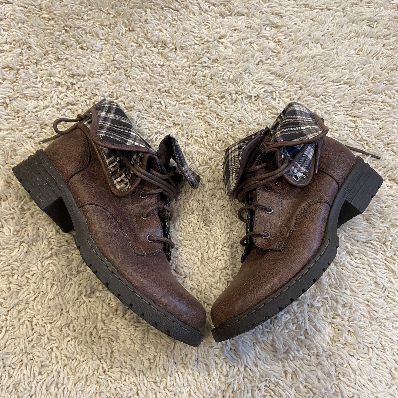 Combat Boots Brown Faux Leather Size 