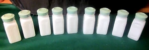LOT (9) Vtg 1940's Griffith's Milk Glass Spice Jars Green Lids ~ Unmarked. - Picture 1 of 3
