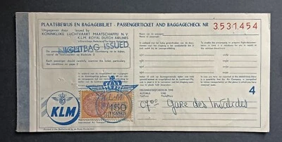 KLM AIRLINE TICKET + FRANCE 150 FRANCS TAX REVENUE STAMP - Image 1 of 4