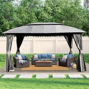 Domi Outdoor Double Roof Gazebo 10x14FT, w/Curtain&Nets, Heavy Duty Metal Frame - Picture 1 of 9