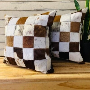 Set of 2 Cowhide Cushion Covers Natural Cowhide Patchwork Pillow White and Brown - Picture 1 of 2
