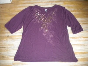 Ladies purple w/ metallic  floral sz 3XL 3/4 sleeve t shirt JMS brand rayon poly - Picture 1 of 2