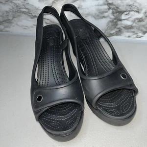 Crocs Havana  Black Slingback Platform Wedge Peep Toe Heel Sandal Women 9 - Picture 1 of 12