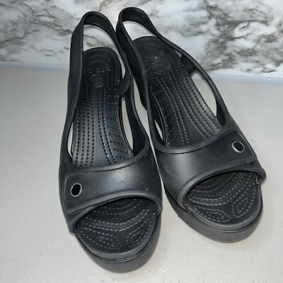Crocs Havana  Black Slingback Platform Wedge Peep Toe Heel Sandal Women 9 - Image 1 of 4