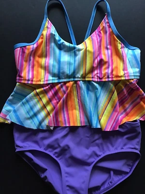 Conjunto de traje de baño Tankini Lands End talla 14 rayas coloridas púrpura 2 piezas para niñas Foto 1 de 4
