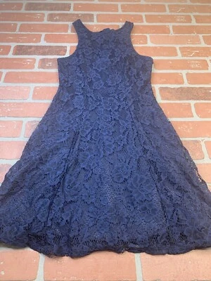 Speechless Short Fit & Flare Dress Women Size Small Navy Lace Lined Bow Tie Back - Imagem 1 de 4