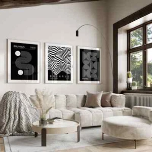 Set of 3 Print Minimalist Abstract Print Black & White Bauhaus Abstract Wall Art - Picture 1 of 4