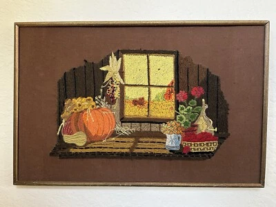 Arte popular vintage emoldurada outono outono fazenda primitiva abóbora bordado 29”x19” - Imagem 1 de 4