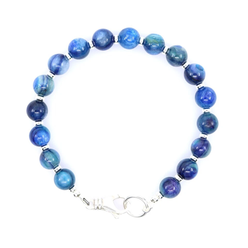 Blue Kyanite Bracelet, Genuine High-End Round 8mm Beaded Sterling Silver - Image 1 of 4