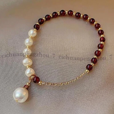 4 мм натуральный красный гранат кристалл бисер белый жемчуг подвеской эластичный браслет 7,5'' - Изображение 1 из 4