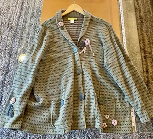 Sigrid Olsen cardigan Plus Sweater 2X Green Crochet Flowers Artsy Boho silk wool - Picture 1 of 17
