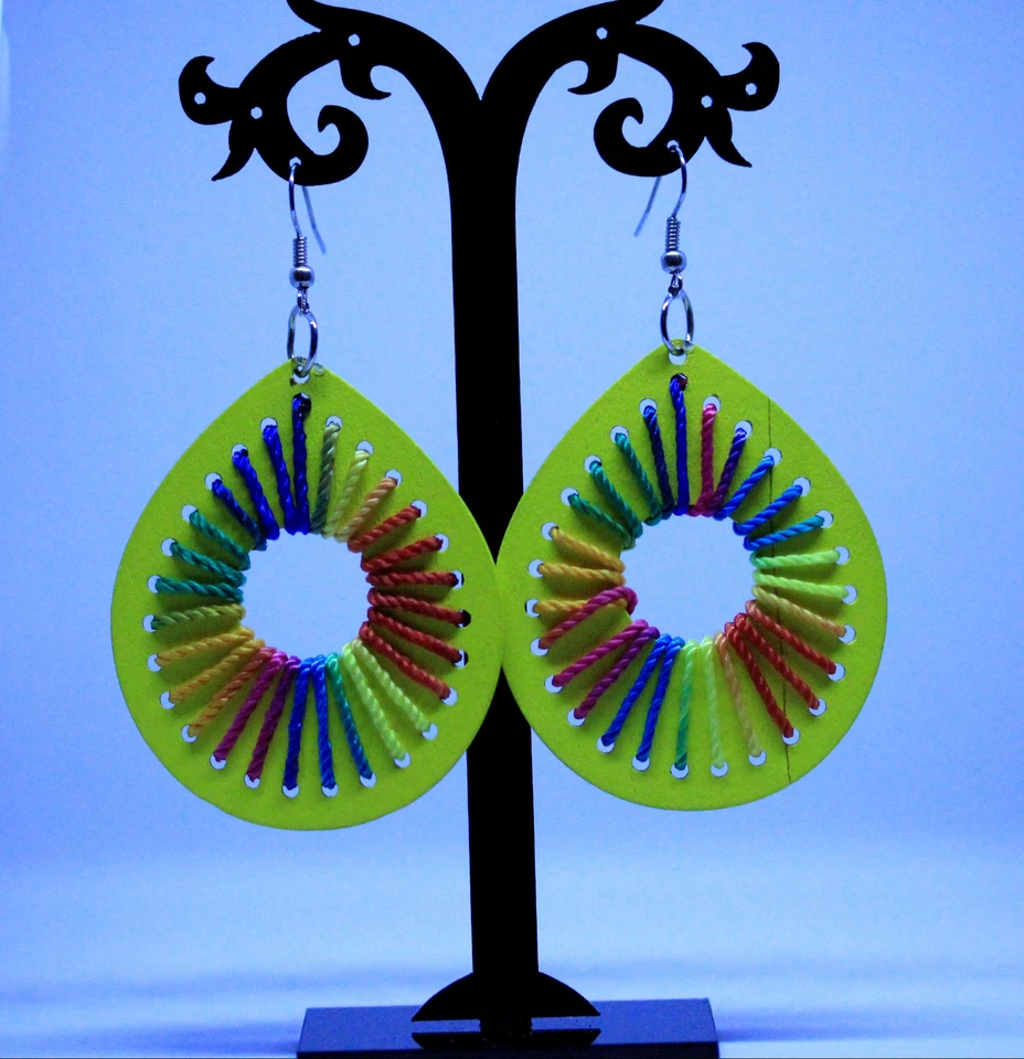 Long Dangle Yellow Leather Multicolor Thread Earrings 1980' - Image 1 of 2