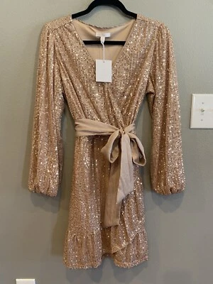 LC Lauren Conrad Beige Sequin Long Sleeve Tie Waist Short Party Dress Size Med - Image 1 of 4