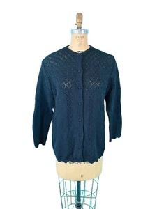 Vintage 1960s Black Cardigan Sherry Gale Solid Pointelle Scallop Sweater B 42" - Picture 1 of 9
