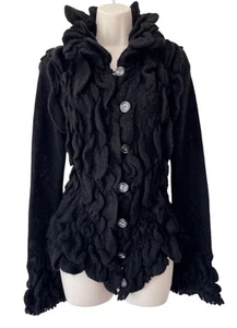 OUI Moments Mohair Cardigan - Size 14 Black Wool Knit Ruffle Boho Jacket Fluffy - Picture 1 of 11