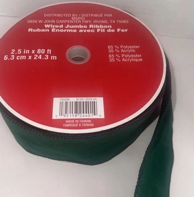 Ribbon Jumbo Wired Green Velvet 80 Feet x 2.5 In. Crafts Christmas Celebrate It - Image 1 of 4