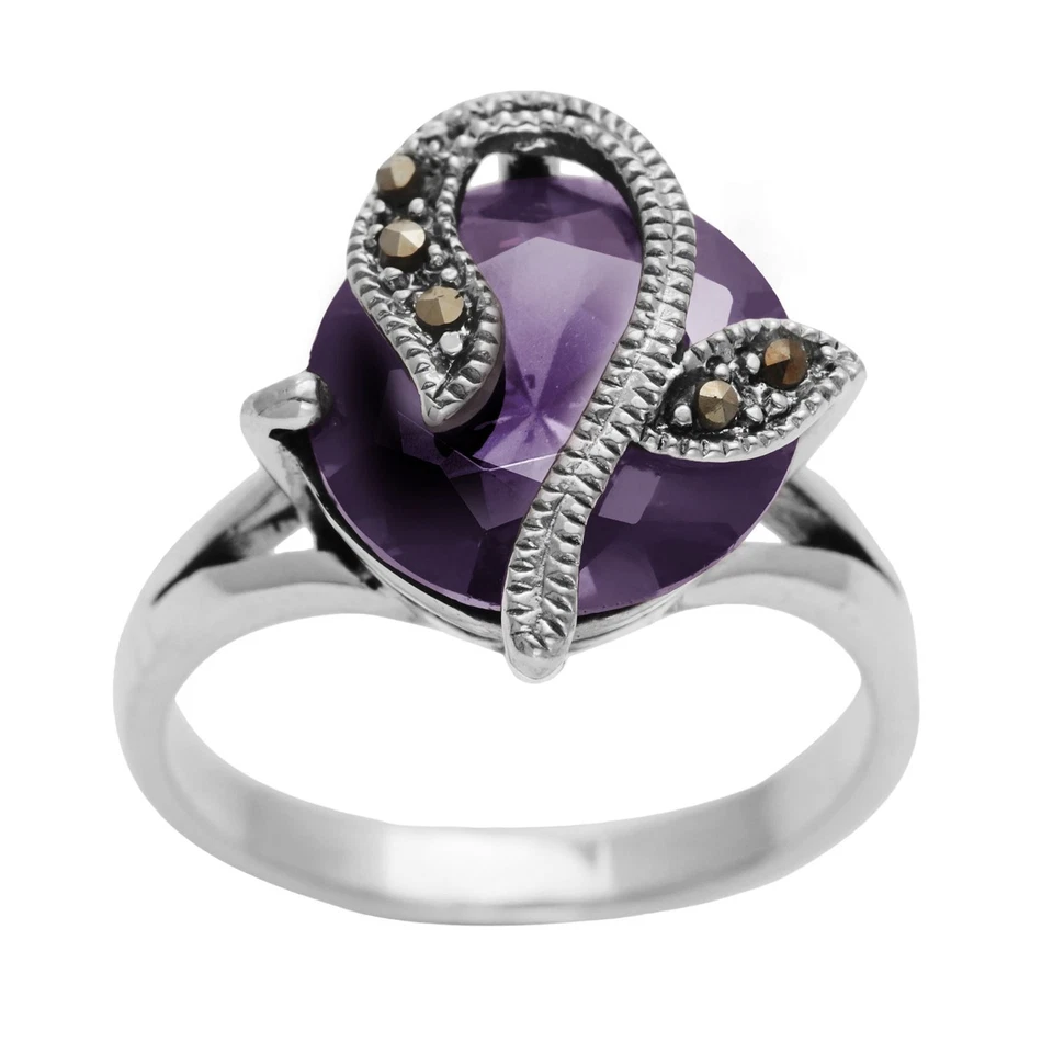 Silverly Anello Argento 925 Zircone Viola Rotondo Multi Marcasite Fiore - Immagine 1 di 4