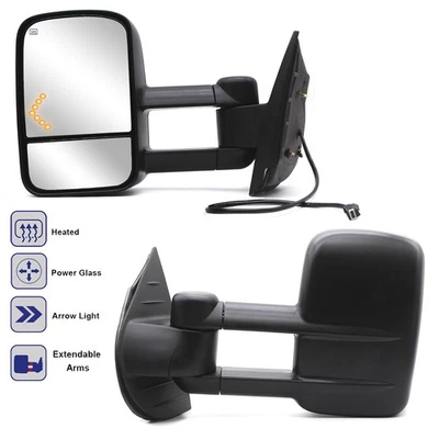Пара буксировочных зеркал с электроприводом с подогревом подходит для Chevy Silverado GMC Sierra 2007-2012 годов выпуска черные - Изображение 1 из 4