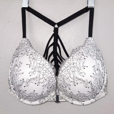 Victorias Secret Very Sexy Push Up Bra 34DD White Black Lace Strappy Front Close - Image 1 of 4