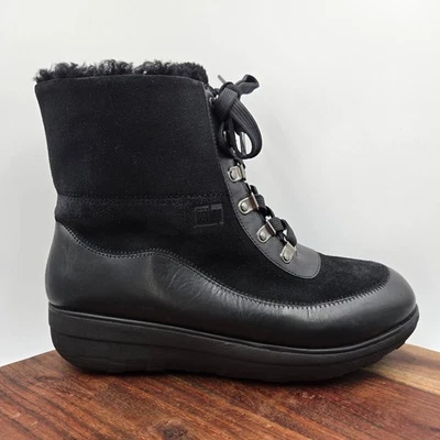 FitFlop Mukluk III Boots Women 9 Black Leather Sherpa Lined Lace Up Warm Comfort - Image 1 of 4