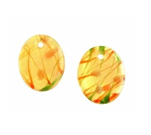 2 Small Blown Lampwork Glass Gold Orange 19mm Oval Earring Bead Drop Pendants - Picture 1 of 2
