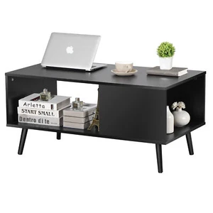 Wooden Mid-Century Coffee Table with Open Storage Shelf for Living Room Black - Picture 1 of 20