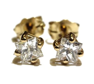 Orecchini a perno oro giallo 14 kt .56 ct principessa diamanti SI1 I estate .8g vintage - Foto 1 di 8