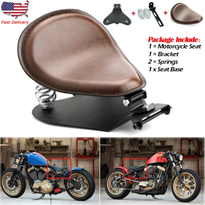 Asiento individual de cuero PU marrón + Kit de base de soporte de resorte de 3" para Harley Bobber Chopper Foto 1 de 4