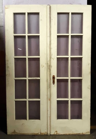 48"x78" Pair Antique Vintage French Double Wood Wooden Doors 20 Windows Glass Cover