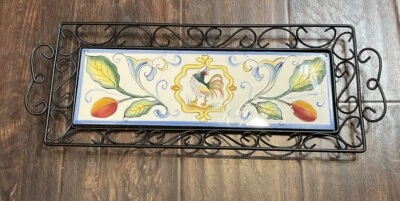 Fitz & Floyd Ricamo Rooster Tile Wire Bread Tray Appetizer Serving Centerpiece - Image 1 of 4