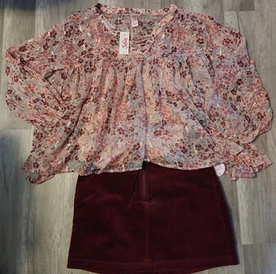 Nuevo con etiquetas Conjunto Justice Niñas Ditsy Floral Top Talla 16/18/Falda de Pana Talla 16 Foto 1 de 4