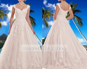 A-line Lace Shoulder Straps Chapel Train Wedding Dress Bridal Gown Custom Size - Picture 1 of 5