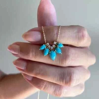 Women's 3Ct Pear CZ Turquoise & Diamond Necklace 18'' 14k Yellow Gold Plated - Image 1 of 4