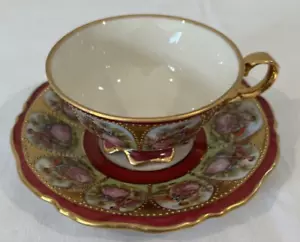 Waldershof Bavaria Handmalerei Burgundy 22KT Gold Demitasse Footed Cup Saucer 75 - Picture 1 of 8
