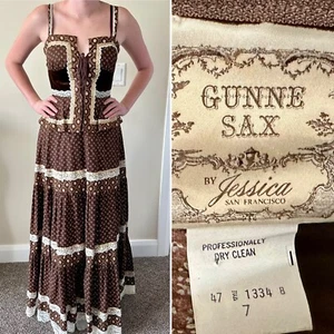 Rare Velvet GUNNE SAX Brown Ivory CALICO MAXI PRAIRIE CORSET DRESS Vintage sz 7 - Picture 1 of 9