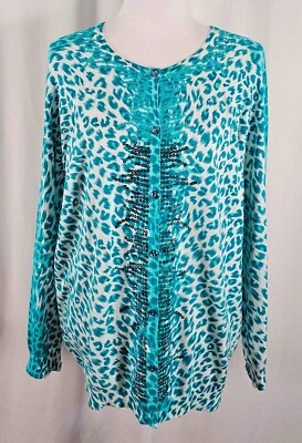 New Quacker Factory QVC Womens Cardigan Blue White Sequins Viscose Nylon Large - Image 1 of 4