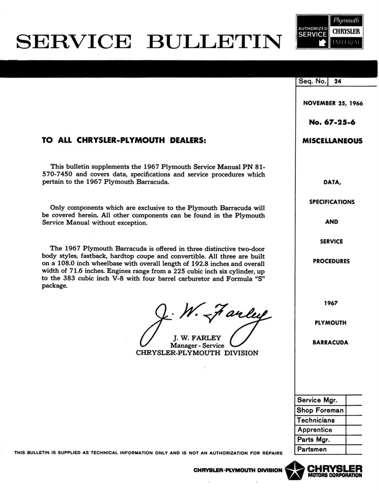 Boletín de servicio Plymouth Barracuda 1967 Foto 1 de 1