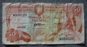 Cyprus 50 Cent Banknote 1988 Issue Pick #52, Circulated VG/F - Picture 1 of 2