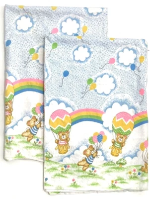 Vtg Toddletime Receiving Baby Blankets Set of 2 Bears Rainbows Balloons STAINS - Image 1 of 4