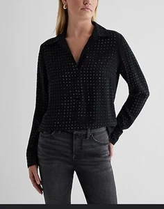 NWT Express SML Black Studded Long Sleeve Semi-Sheer Portofino Button Up Shirt - Picture 1 of 11