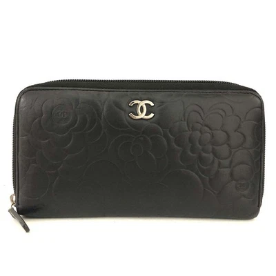Cartera Larga EGA CHANEL Camelia Logo CC Piel de Cordero Cremallera Alrededor Negra*/2BH1644 Foto 1 de 4