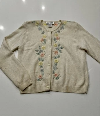 Cárdigan Vintage Petite Sophisticate Crema Bordado Talla L Foto 1 de 3