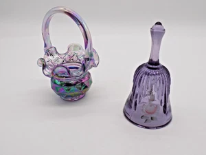 Fenton Glass Mini Basket Purple Carnival Iridescent Glass Ruffled 4.5” + bell - Picture 1 of 6